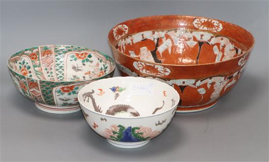 Three various Japanese bowls largest diameter 30.5cm